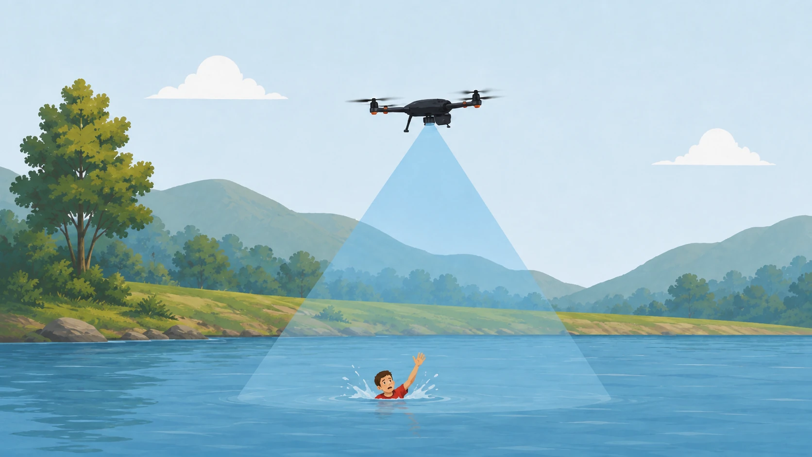 Illustration of an autonomous drone detecting a person in distress on an open waterway